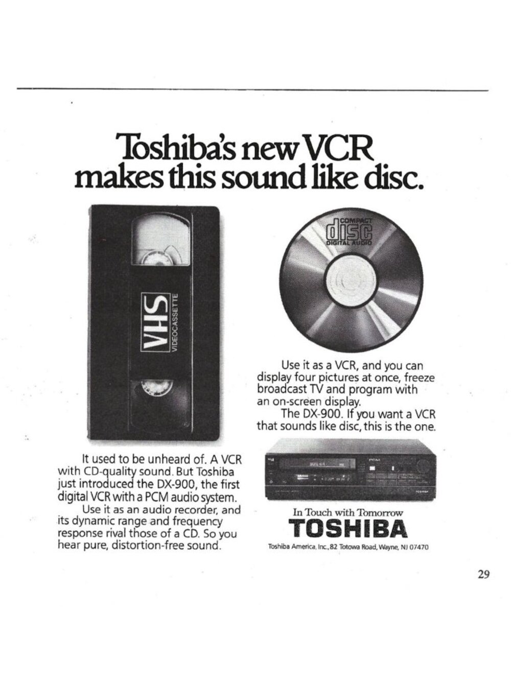 Print Ad Toshiba Digital VCR DX-900 Compact Disc-Like Sound CD Audio PCM 1980s